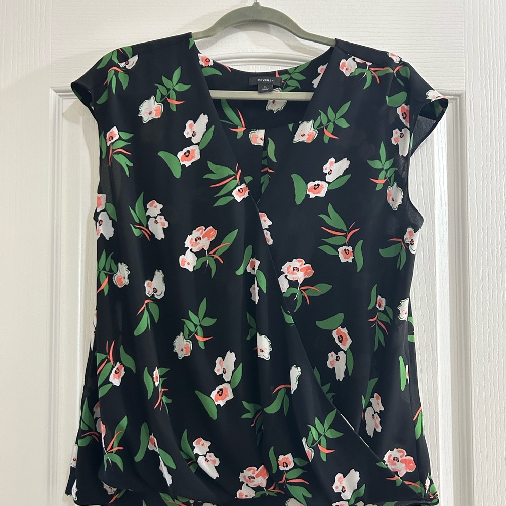 Halogen Black Floral Wrap Blouse